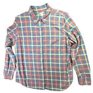 LL Bean Shirt Women Medium Blue Red Yellow Plaid Flannel Cozy Relaxed Outdoorsy